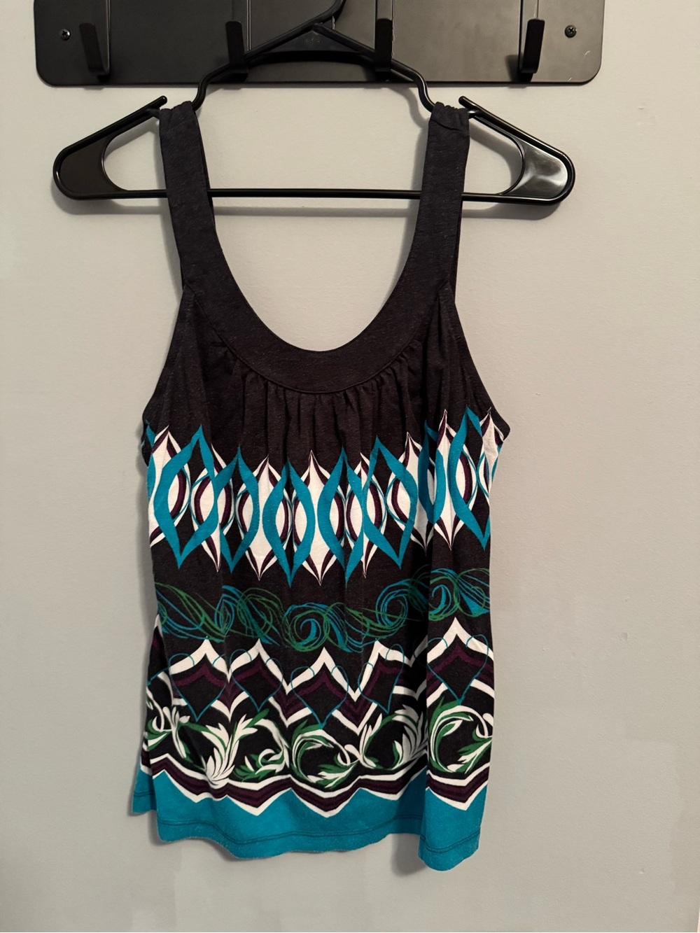 Ann Taylor Black Tank with Teal, White & Green Geometric Border